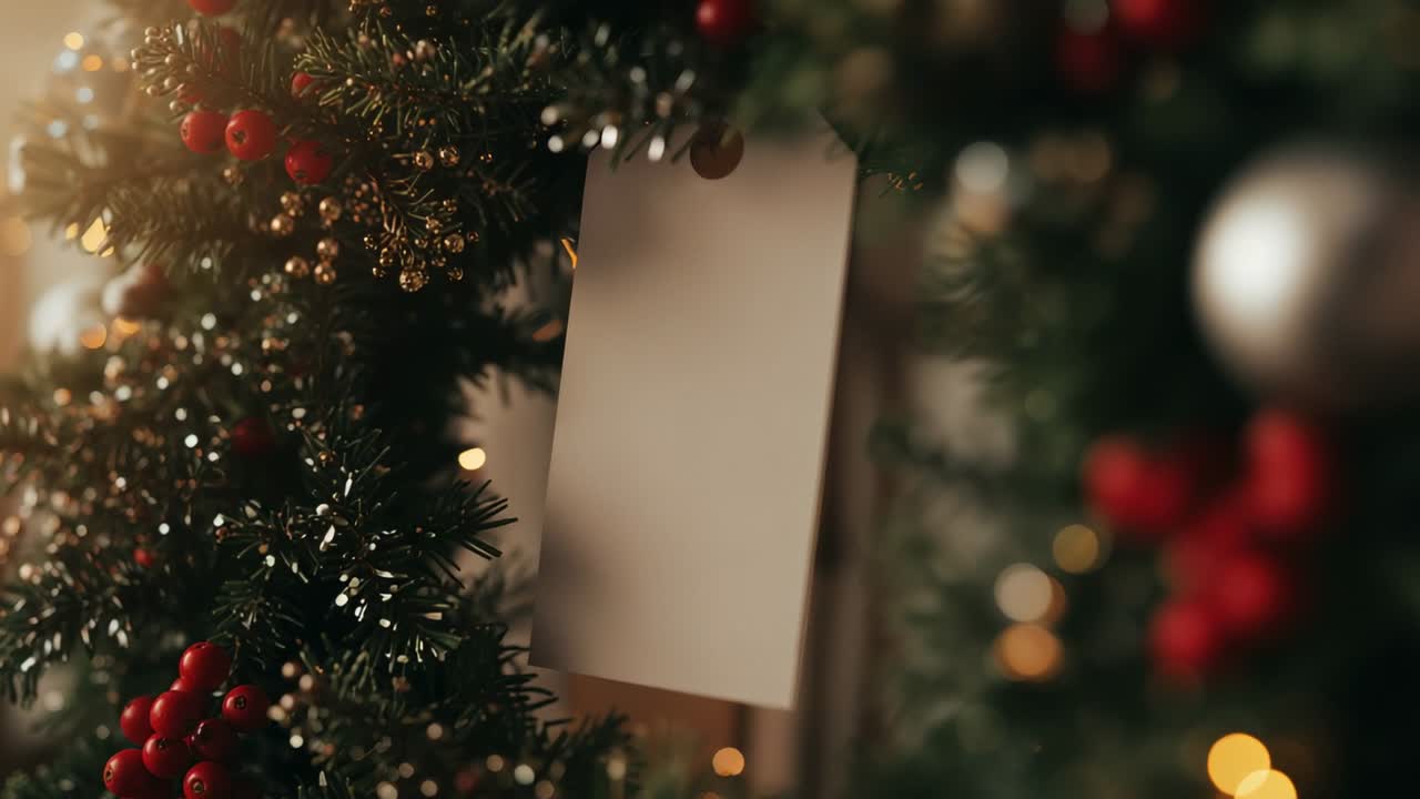 Shifting camera focus on pine wreath on wooden backdrop, revealing blank note and fairy lights