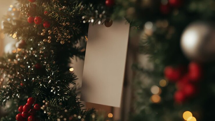 Shifting camera focus on pine wreath on wooden backdrop, revealing blank note and fairy lights