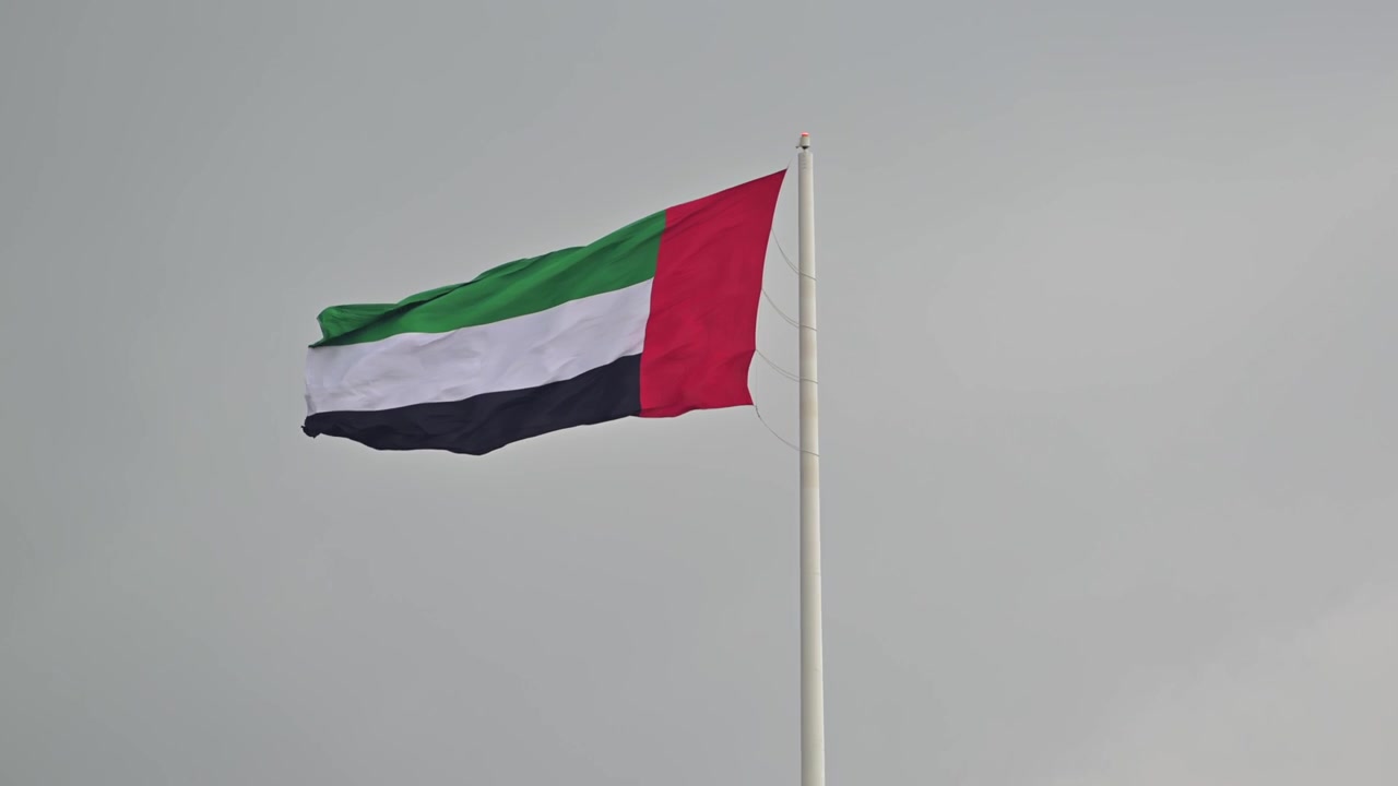 La bandiera degli Emirati Arabi Uniti sventola al vento in primo piano