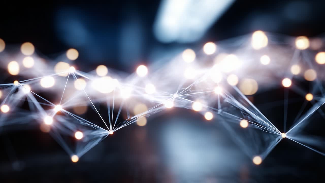 Dynamic Abstract Visualization of Interconnected Nodes Illuminated by Glowing Light Points, Representing Data Flow and Network Connectivity in a High-Tech Environment