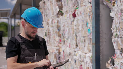 Worker-with-tablet-counts-paper-bales-at-recycling-plant,-medium-shot