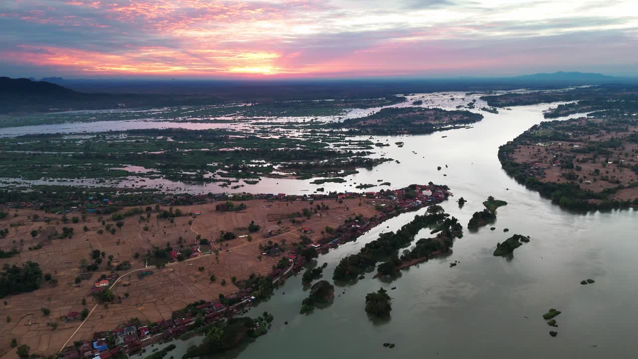 Aerial sunset landscape on flooded Laos, Drone Don Det Islands in the Mekong River in the Si Phan Don archipelago in Champasak Province
