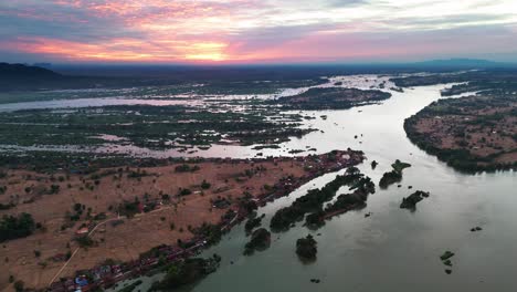 aerial sunset landscape on flooded laos, drone don det islands in the mekong river in the si phan don archipelago in champasak province
