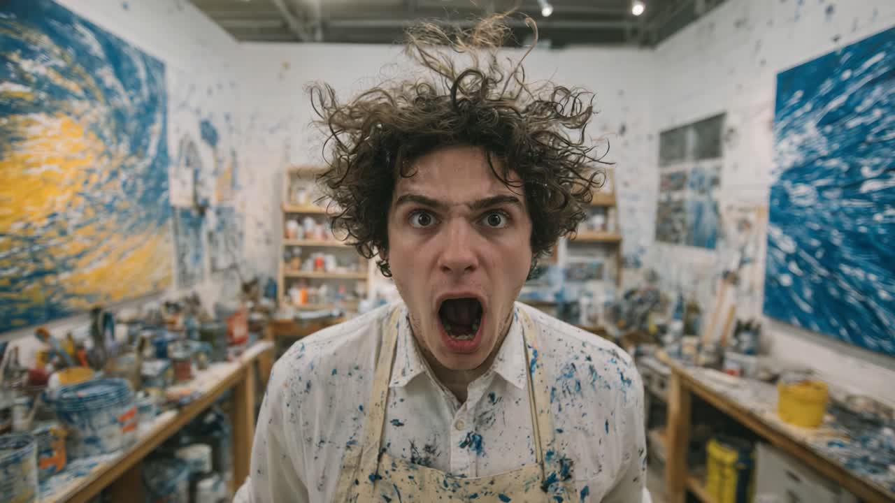 An artist in a chaotic studio, expressing intense emotions through paint splatters and vibrant colors, capturing a moment of passion and creativity in the workspace