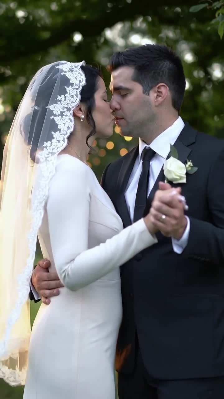 Video vertical: Recién casados tomados de la mano, acercándose y besándose, celebrando su boda bajo las luces.