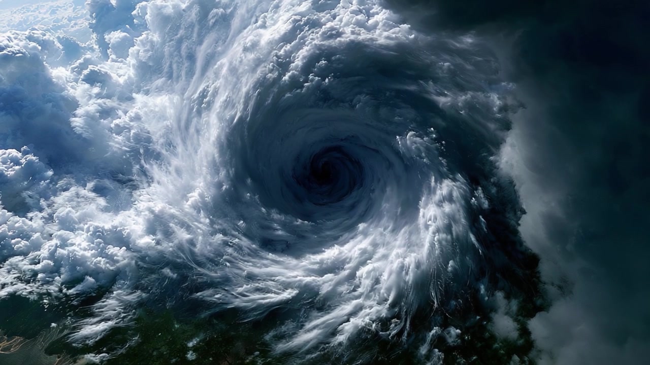 Luftfoto af en kraftig cyklon, der danner sig over havvand, fanget fra rummet, fremhæver de intense hvirvlende skyer og atmosfæriske dynamikker involveret i stormsystemer