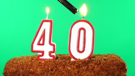 cake with the number 40 lighted candle. chroma key. green screen. isolated