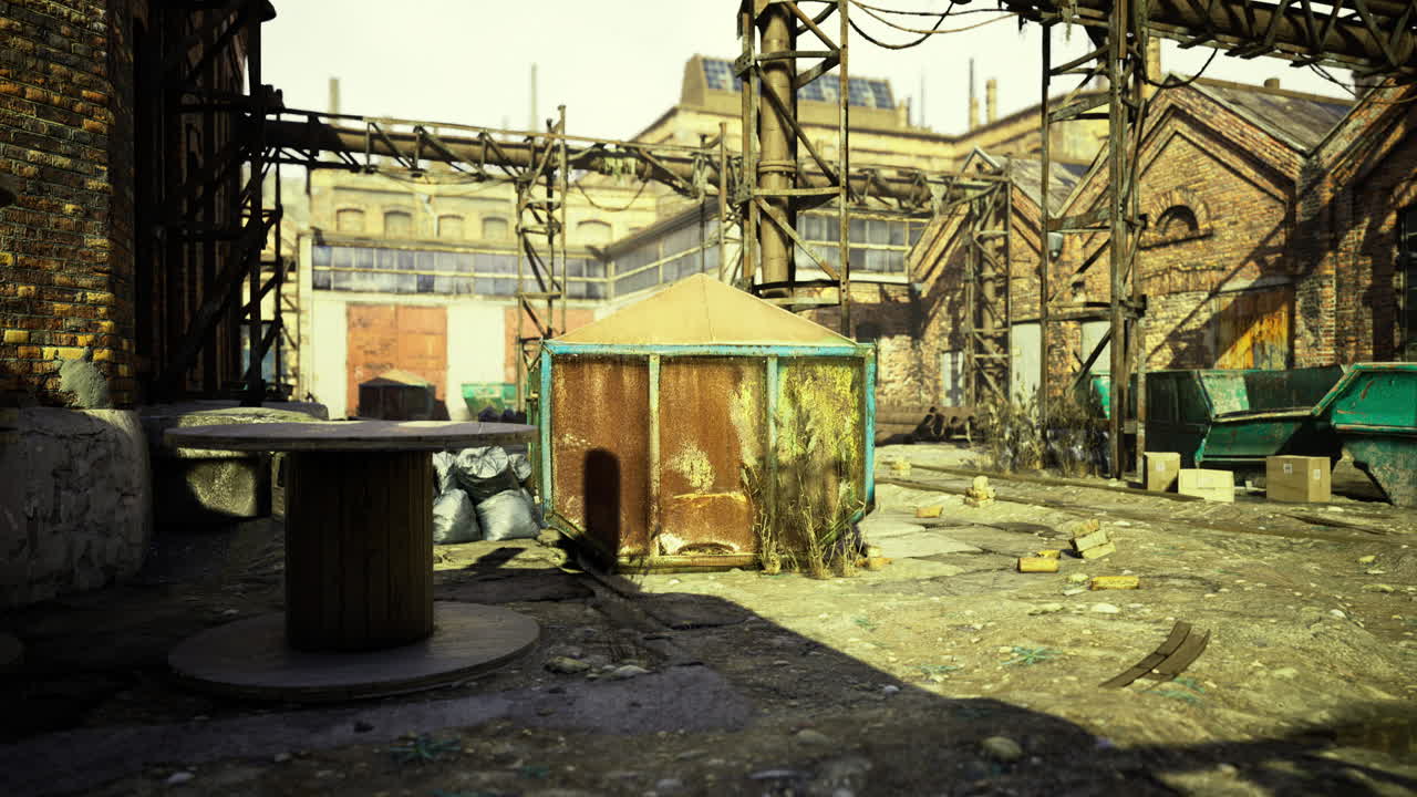 아침 일찍 빛에 잔해와 구조물과 함께 버려진 산업 지역