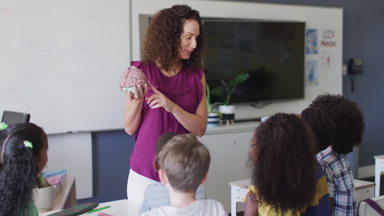 Video of caucasian female teacher and diverse school children studying biology in classroom