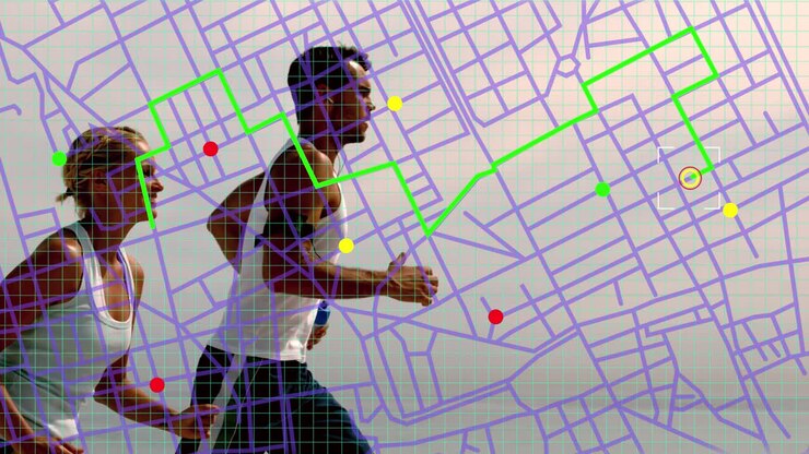 Navigation map line scheme over caucasian couple running together against grey background