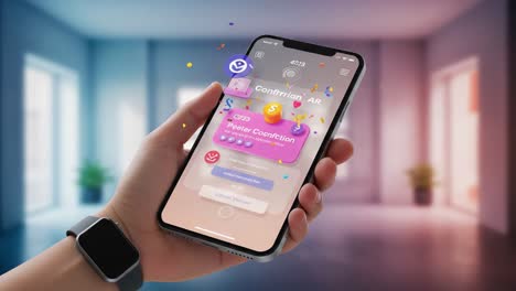exploring the interface of a mobile app utilizing augmented reality features for interactive user engagement and notifications in a modern interior setting