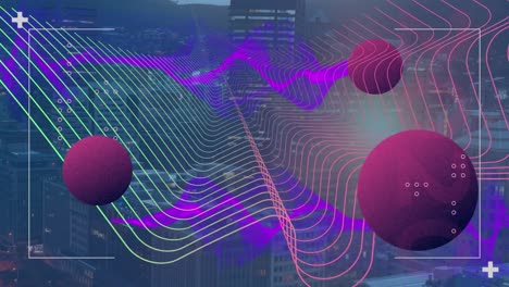 Animation-Von-Globen,-Mesh-Und-Datenverarbeitung-über-Der-Stadtlandschaft