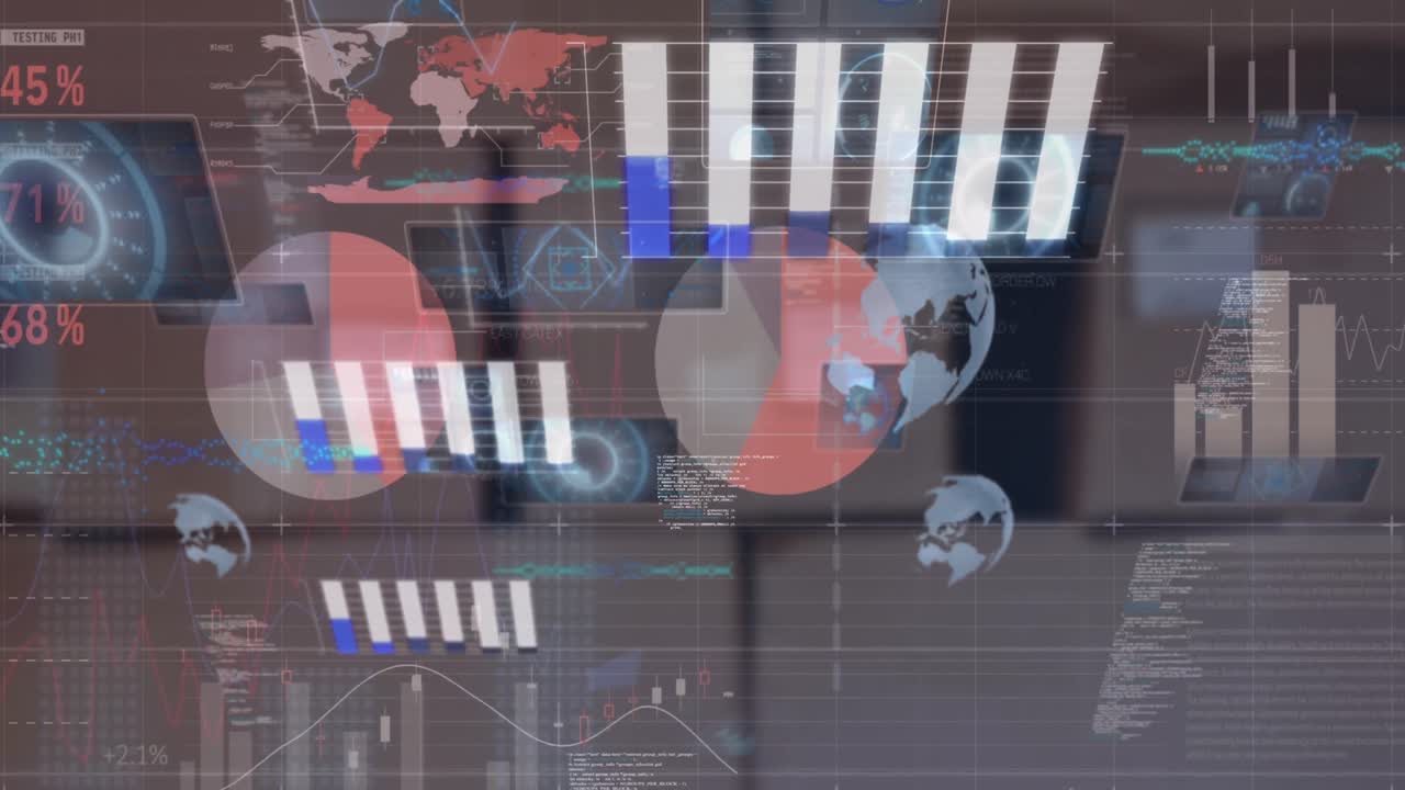 animación del procesamiento de datos estadísticos contra la pila de cajas de entrega en el almacén
