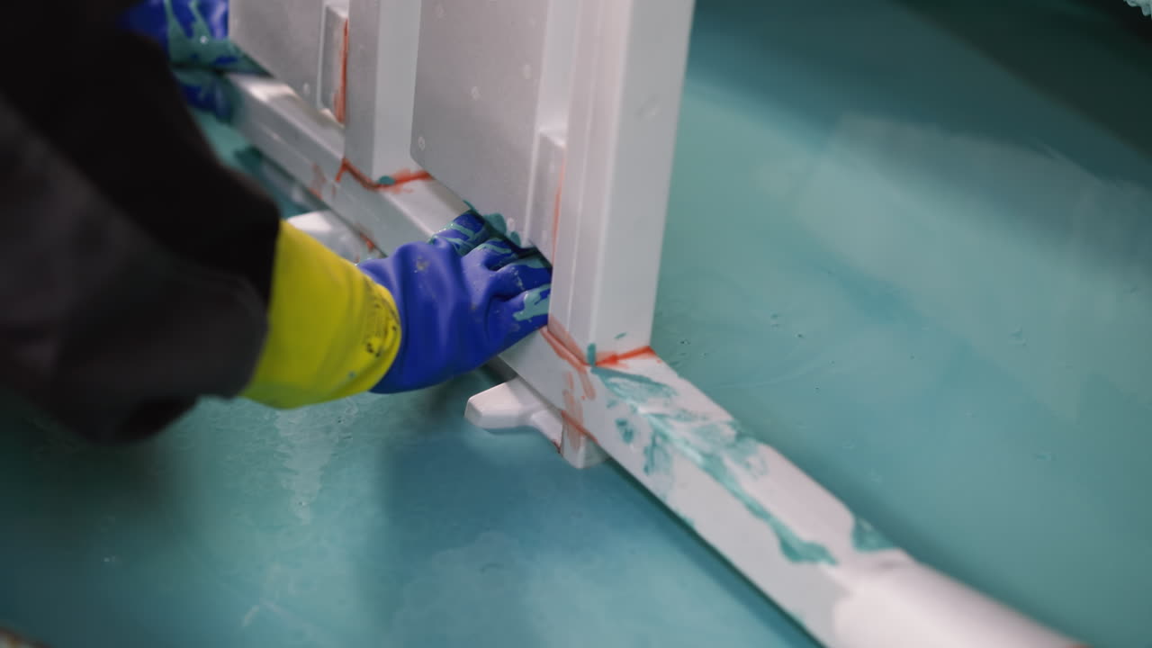 Worker with yellow and blue safety gloves meticulously arranges white polymer insulators on a teal workstation in an industrial setting