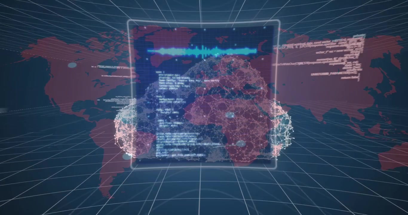 Animation of digital cloud, data processing over world map