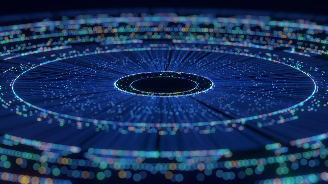 Deze abstracte digitale achtergrond toont een dynamische visualisatie van verbonden blauwe lijnen, gloeiende kleurrijke stippen en concentrische cirkels, die wereldwijde netwerken en kunstmatige intelligentie vertegenwoordigt