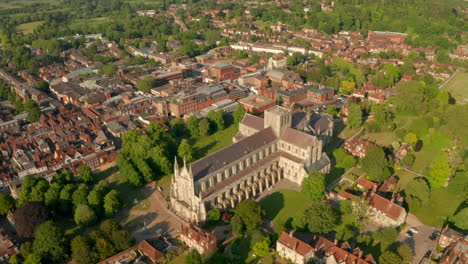 slow dolly back aerial shot of winchester cathedral