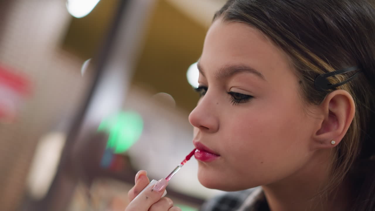 vista de primer plano de una joven aplicando lápiz labial, mientras que el fondo muestra una vista borrosa de personas caminando, céntrese en el proceso de maquillaje y los detalles faciales mientras la dama mejora los labios con lápiz lipstick