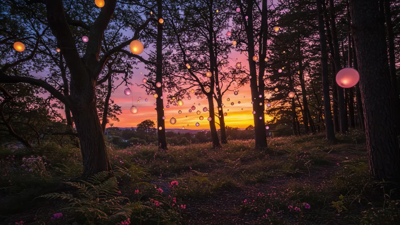 Enchanting Forest Scene at Dusk with Glowing Orbs, Highlighting the Transition from Day to Night Amidst Lush Greenery and Vibrant Flowers