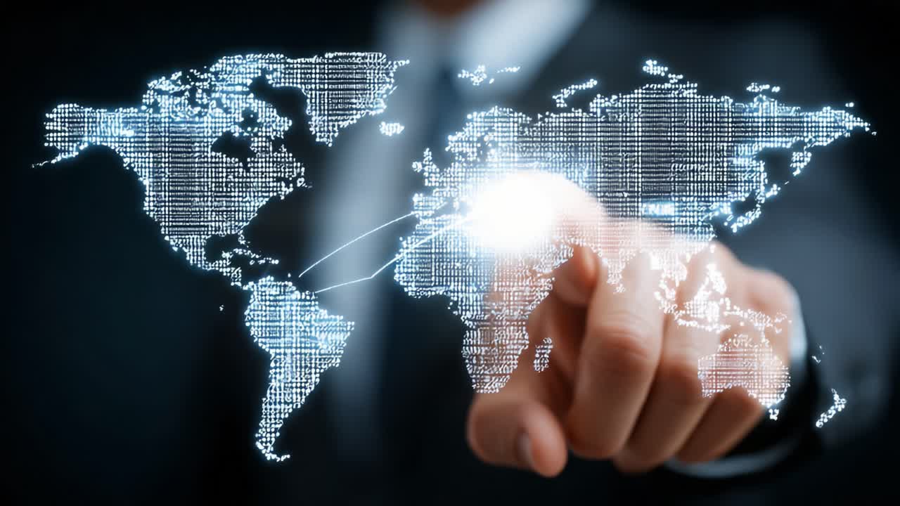 A Business Professional Interacting with a Digital World Map, Highlighting Global Connectivity Through Interactive Technology and Data Visualization