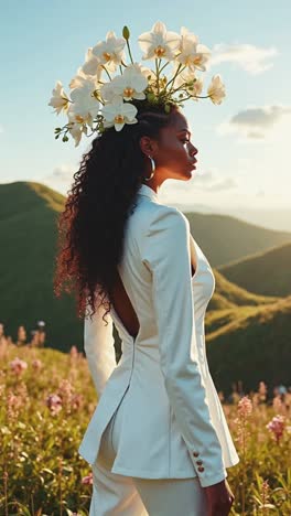 woman in white suit with floral crown on mountain