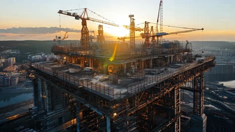 construction site in a city at sunset with cranes and scaffolding
