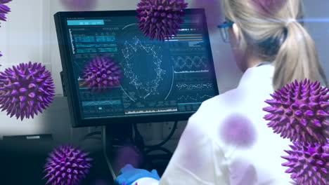 animation of purple corona virus with scientist in background