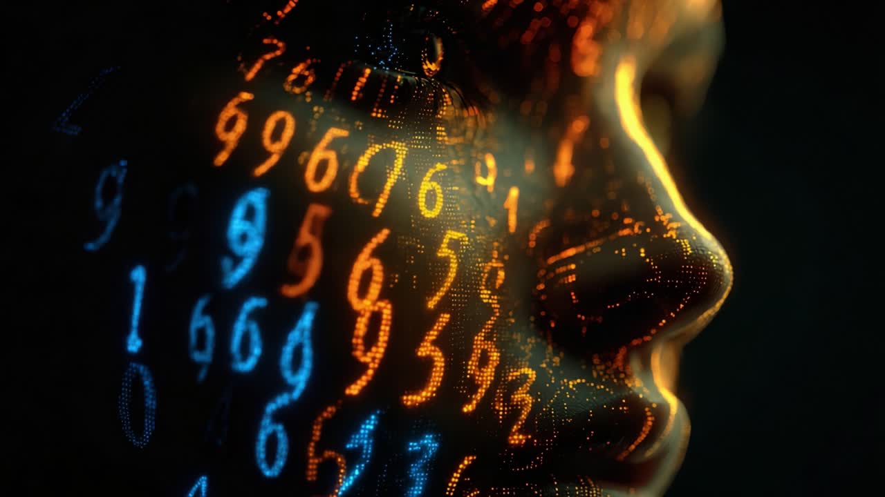 A Futuristic Portrait: Illuminated Numbers and Symbols Reflected on the Face Representing the Intersection of Technology and Humanity in a Digital World