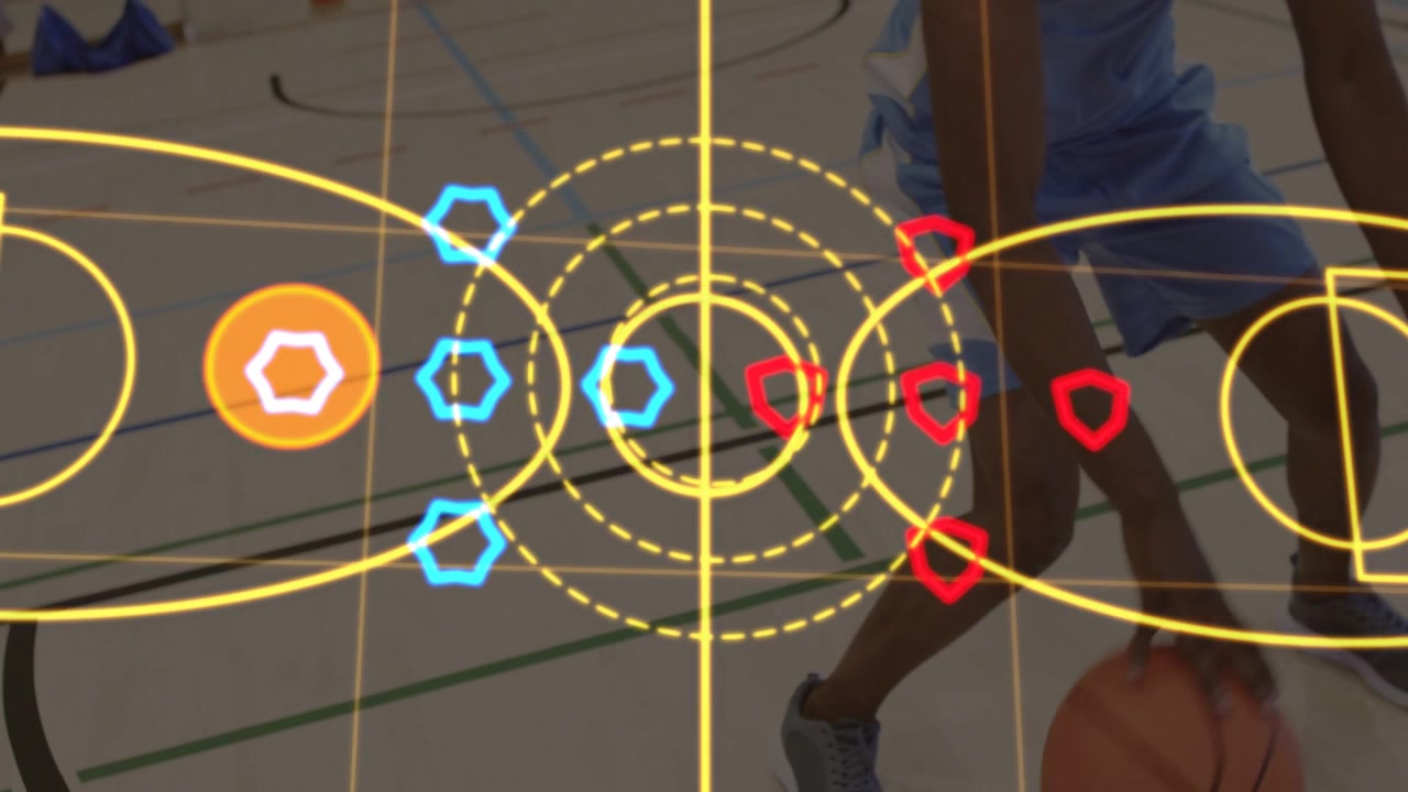 Male athlete dribbling ball midcourt starting game analytics overlay tracking movement for coaching