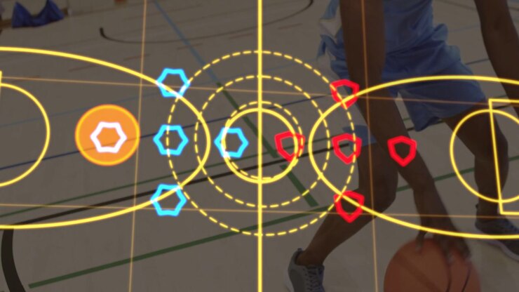 Male athlete dribbling ball midcourt starting game analytics overlay tracking movement for coaching
