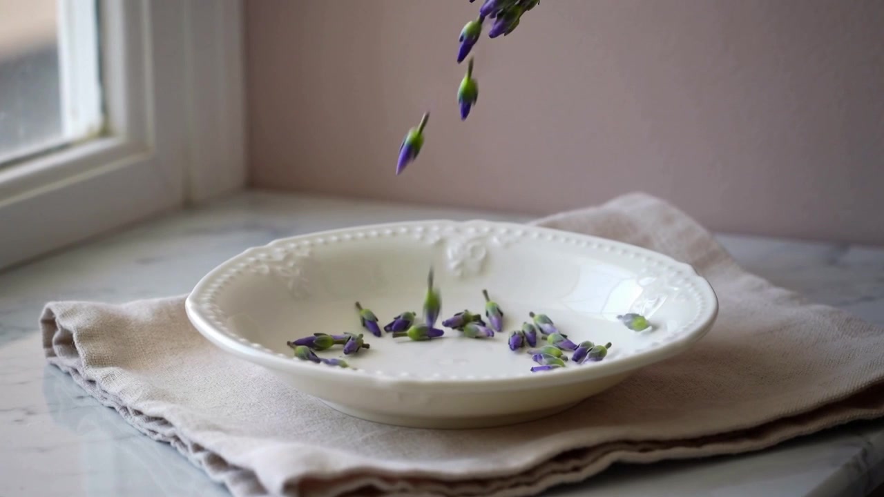 Un grappolo, proveniente da fuori campo, rilascia boccioli viola che cadono in una ciotola bassa su un bancone di pietra.
