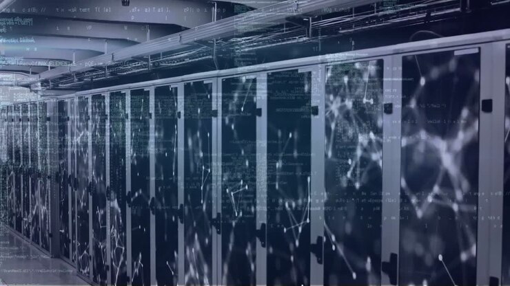 Animation of computer language and connected dots over server room in background