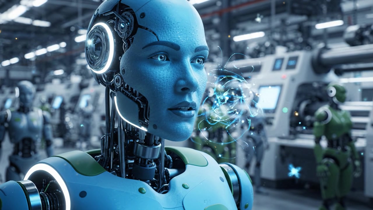 A Future Vision: Close-Up of a Human-Like Robot in a High-Tech Factory Environment, Displaying Advanced AI Features and Smooth Interactions with Technology