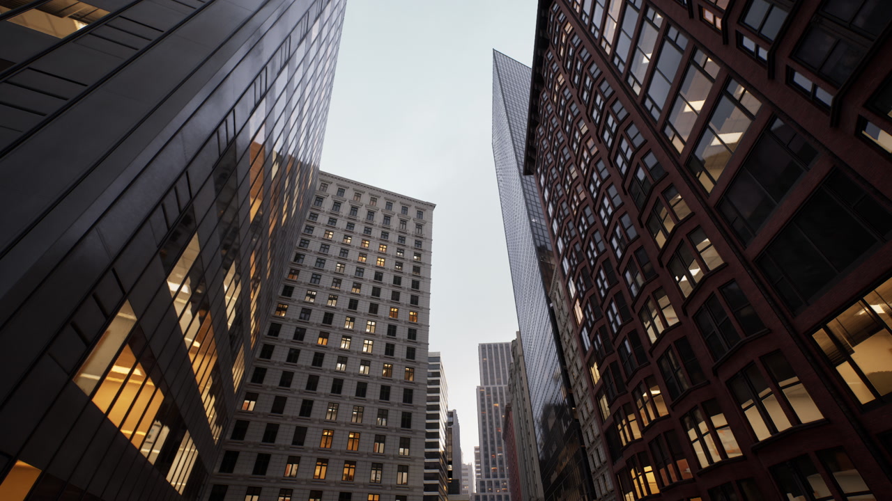 Urban morning scene showcasing tall glass structures and active professionals in motion