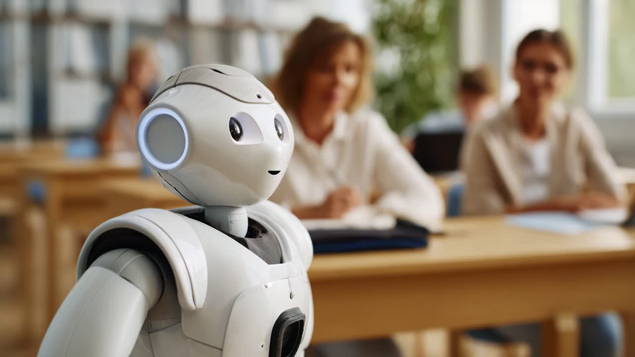 テクノロジーと教育が融合し、学習体験を向上させる様子を示す、現代的な学習環境で生徒と触れ合う親しみやすい教室用ロボット