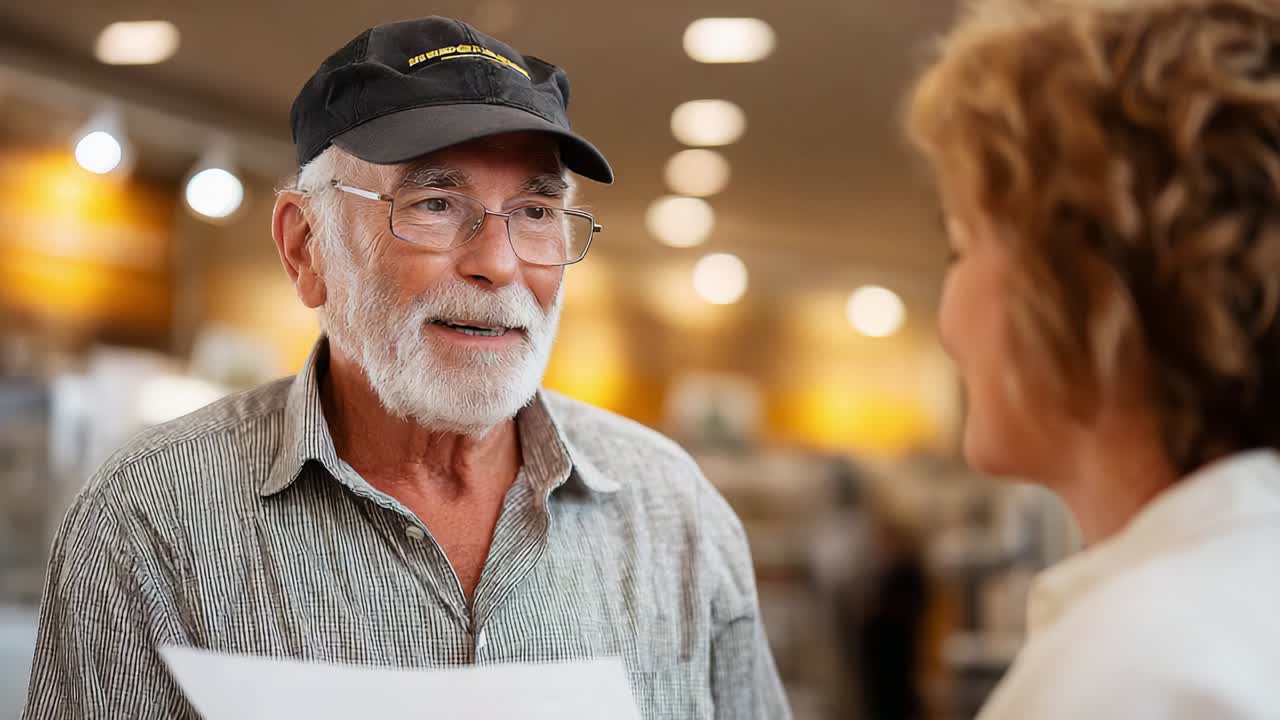 A Friendly Conversation: An Elderly Man Engages in a Heartwarming Dialogue with a Woman, Sharing Thoughts and Ideas in a Bright, Welcoming Environment Filled with Curiosities and Life