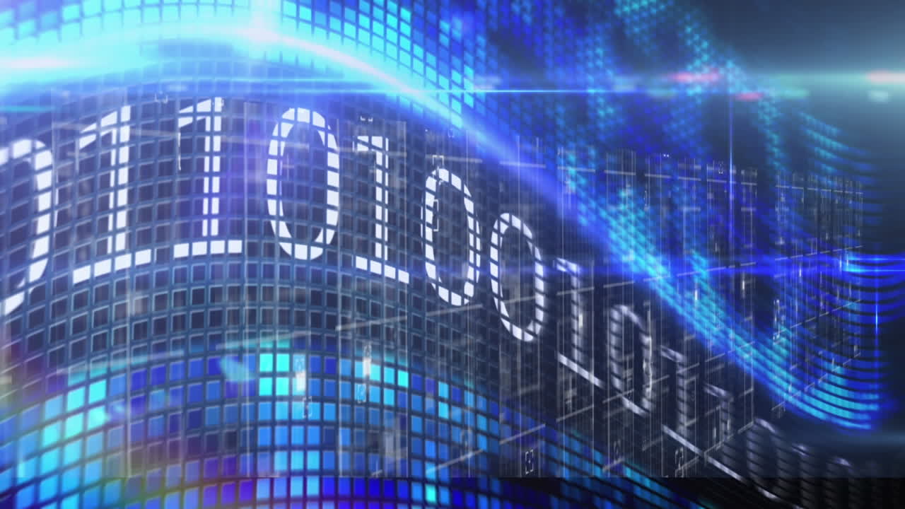 Animation of binary coding and data processing on blue background