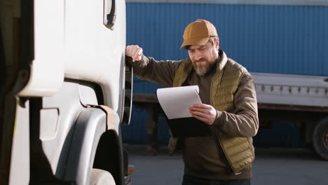 worker wearing vest and cap reading documents in a logistics park while is leaning on a truck