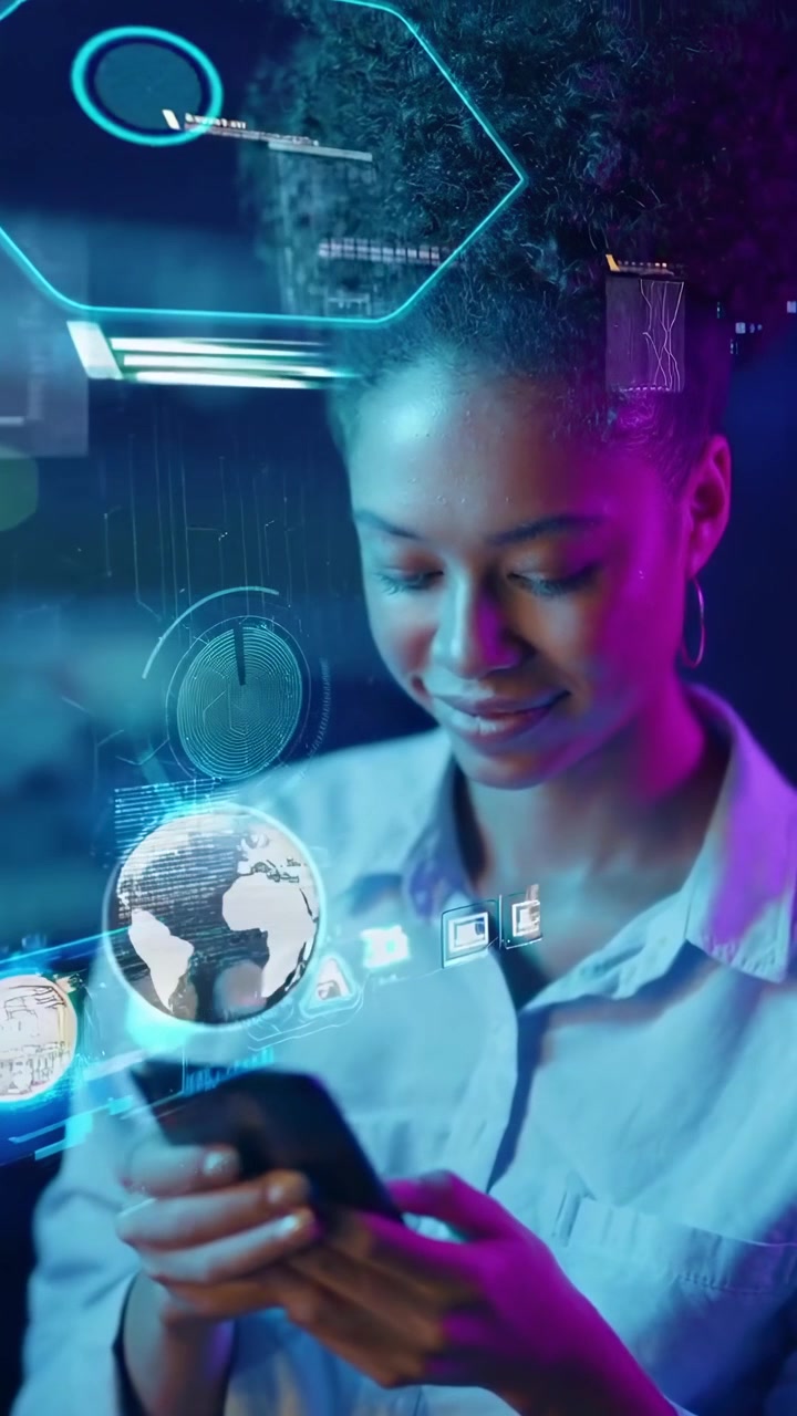 Giovane Donna che Usa lo Smartphone con un'Interfaccia Dati di Realtà Aumentata