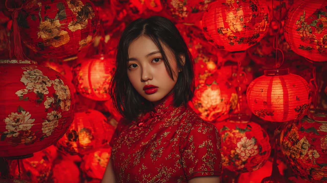Una giovane donna con un sorprendente abito rosso si erge tra vivaci lanterne rosse, evocando un'atmosfera ricca di eredità culturale e spirito festoso, circondata da motivi floreali.