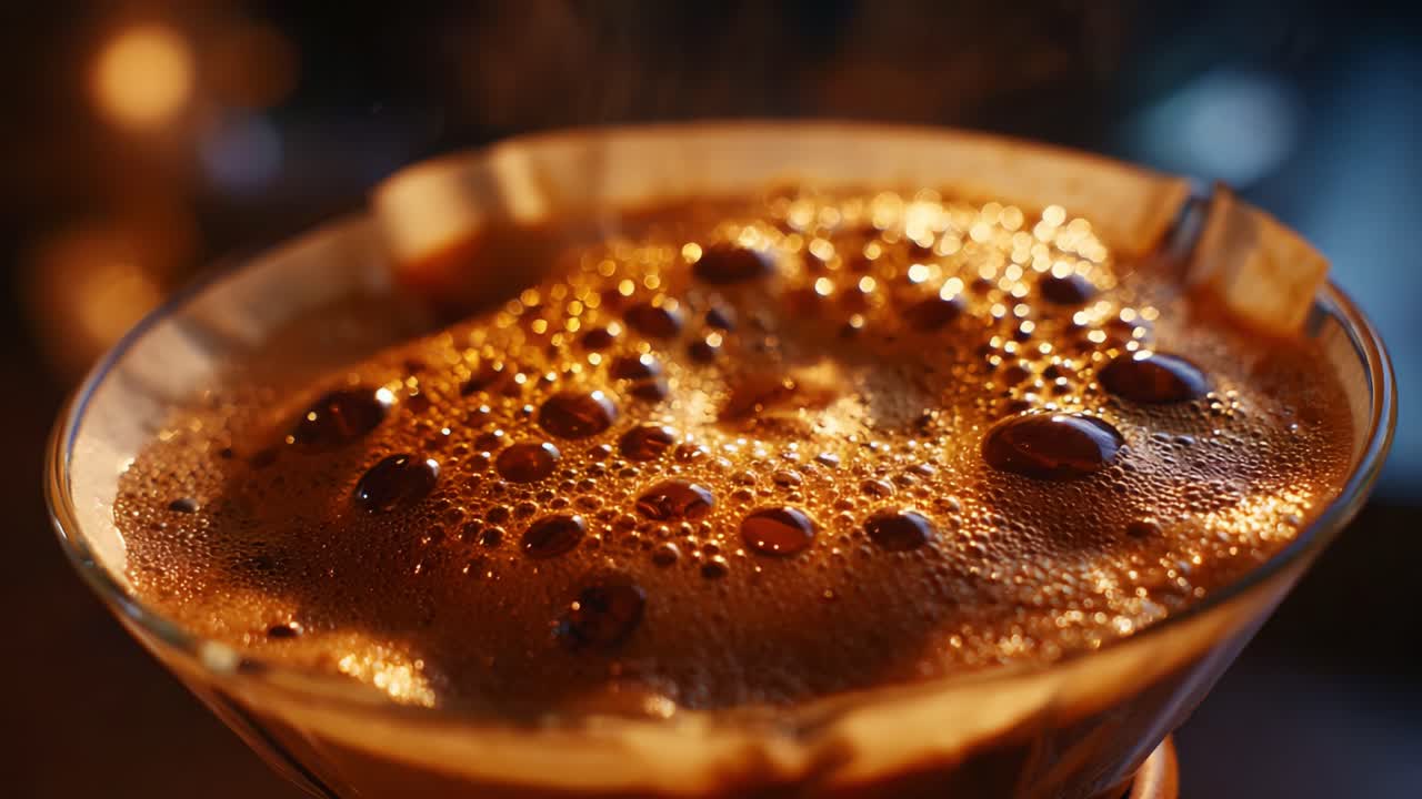 A close-up view of freshly brewed coffee capturing the rich texture, steam, and bubbles that emanate from the surface of a perfectly prepared hot beverage