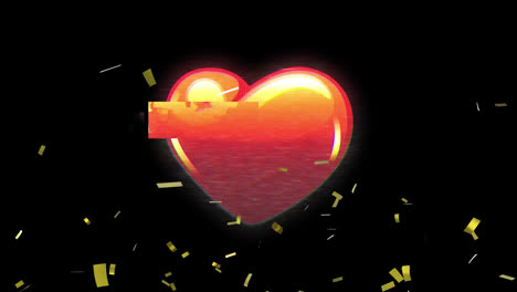 animation of gold confetti falling over heart emoticon on black background