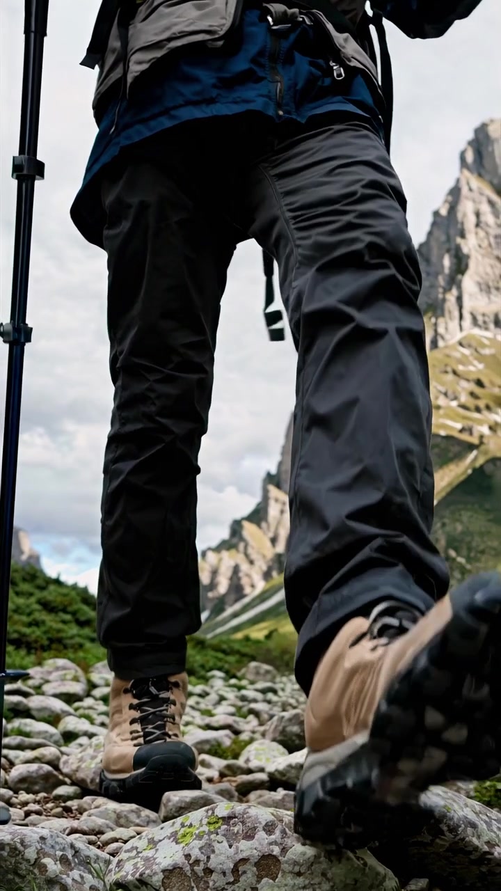 Escursionista che cammina su un sentiero di montagna roccioso con bastoncini da trekking