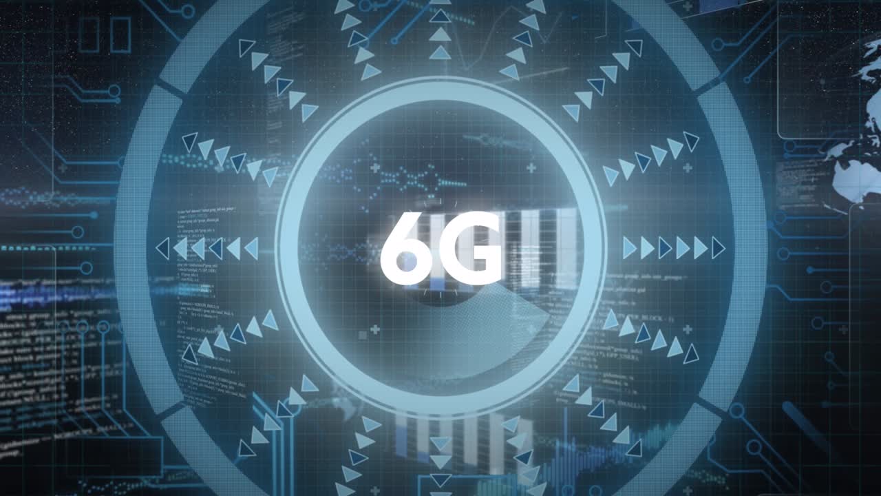 Animazione di testo 6G e interfaccia luminosa con informazioni che si muovono su sfondo scuro