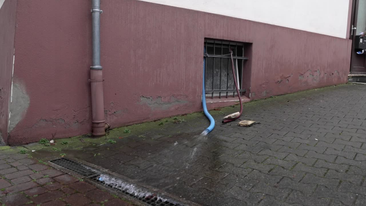 Acqua dal tubo blu scorre attraverso il canale di scolo. Inquadratura ampia.