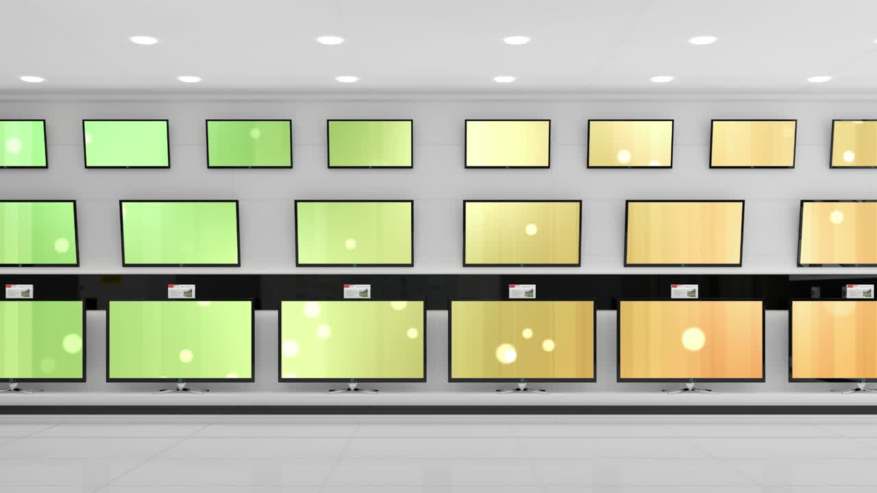 복사 공간과 함께 반 ⁇ 이는 화면과 함께 상점에 있는 텔레비전 세트의 행의 애니메이션