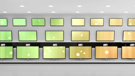 animation of rows of television sets in store with glowing screens with copy space