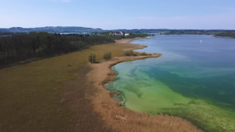 vuelo panorámico de 4k sobre el famoso lago chiemsee de baviera en el campo rural con un hermoso cielo azul, agua azul y verde clara, juncos y las montañas de los alpes en el fondo en un día soleado