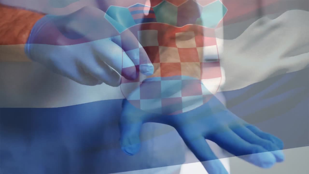 animación de la bandera de croacia y un médico que se pone guantes quirúrgicos