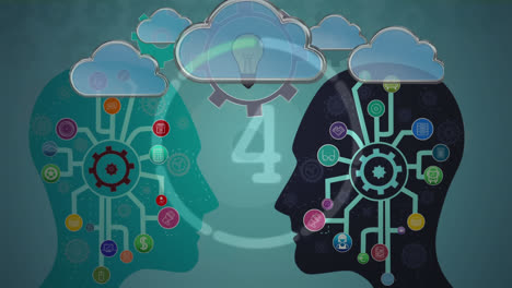 animation of two people heads silhouettes facing each other with connections and social icons inside